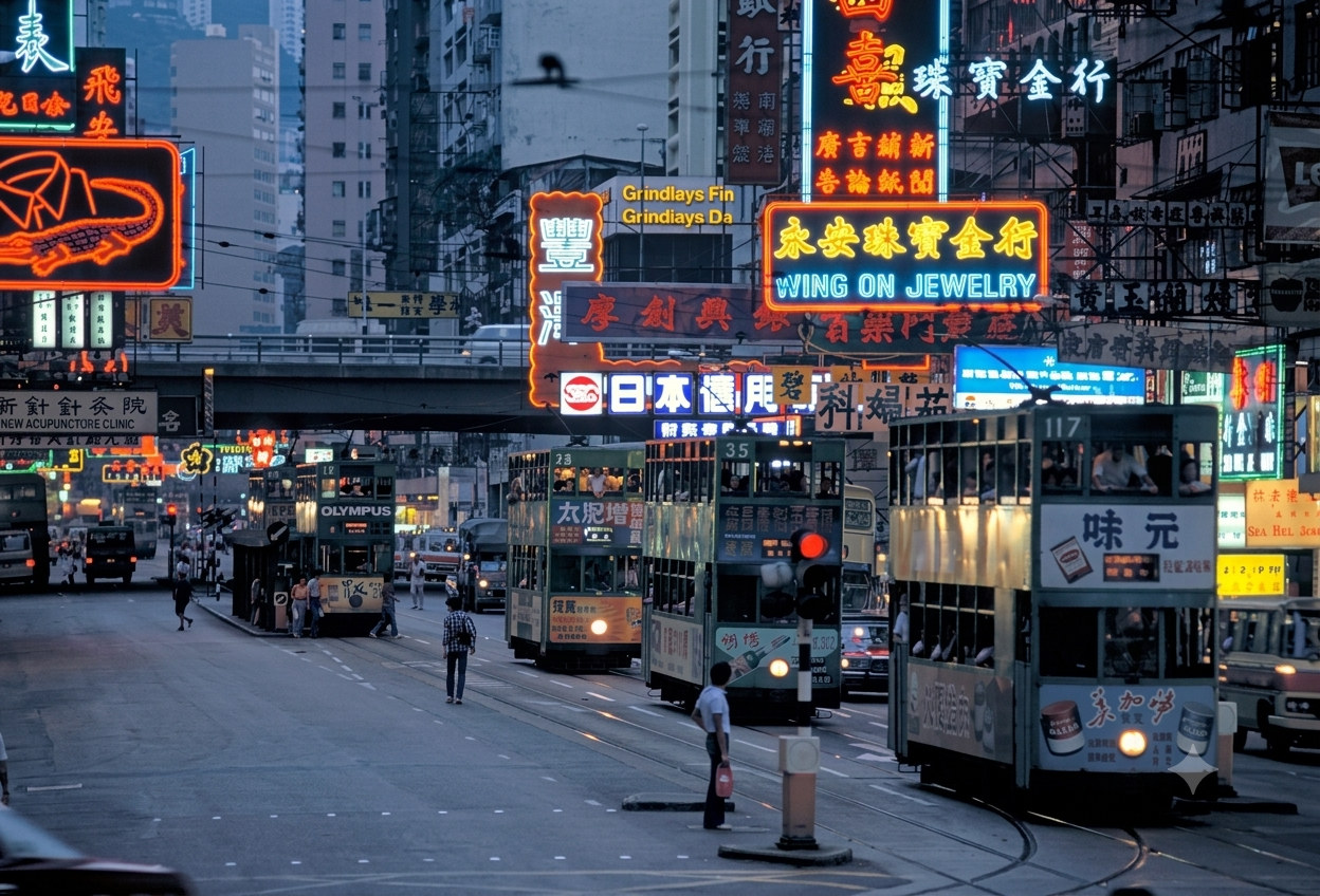 Hong Kong street with the historic Wing On Jewelry sign